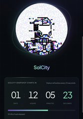 A screenshot of the SoliCity crypto token page showing a pixel art robot character on a moon, with smart contracts data displaying values 01, 12, 05, and 23.