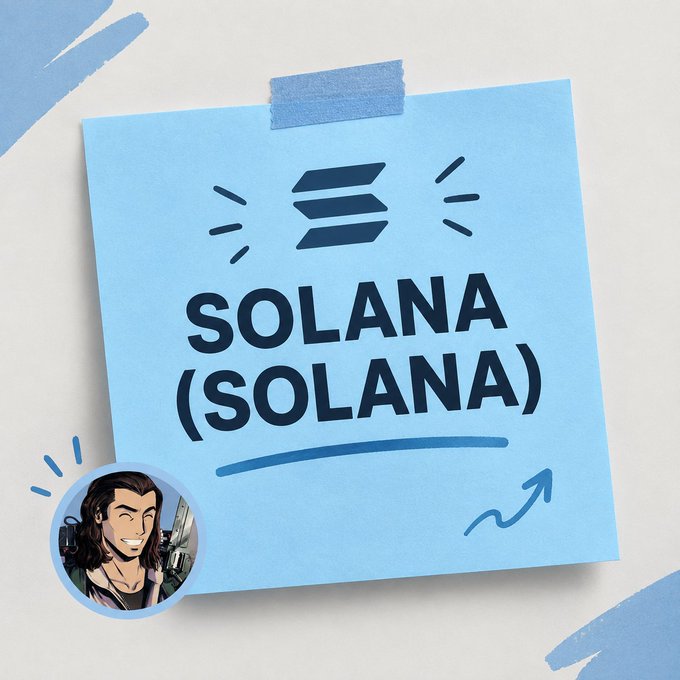 A blue sticky note displaying 'SOLANA (SOLANA)' with an arrow underneath, accompanied by a small circular avatar of a cartoon character.