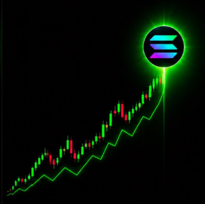 A glowing Solana logo hovers above a green candlestick chart showing a sharp upward price trend, symbolizing bullish momentum. The image relates to the post by visually representing the speculative promise of explosive gains ("1000X") for a potential Solana ($SOL) memecoin.