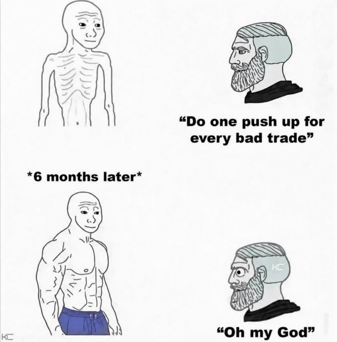A meme shows a thin Wojak telling a bearded trader, “Do one push up for every bad trade”; six months later, the Wojak is muscular and the trader reacts, “Oh my God.”
