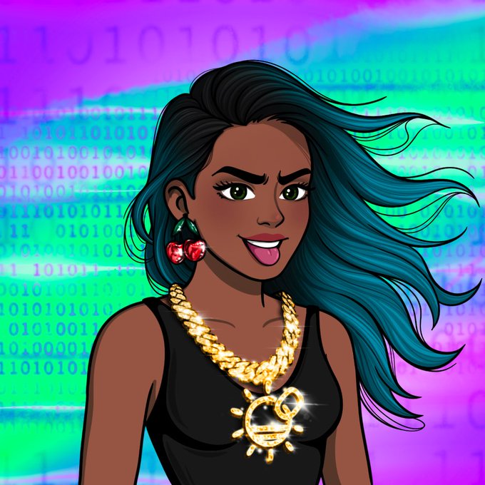 The image features a woman with long, dark hair wearing a black top and gold jewelry, including a large necklace that has a sun design at its center. She is smiling and appears to be posing for the photo. The background of the image consists of various computer codes in different colors, which gives it a digital or tech-themed appearance. The caption below the image reads "Good afternoon It's a great day to be a Vault Runner Get your now solonchain.io/mint/vault-run".