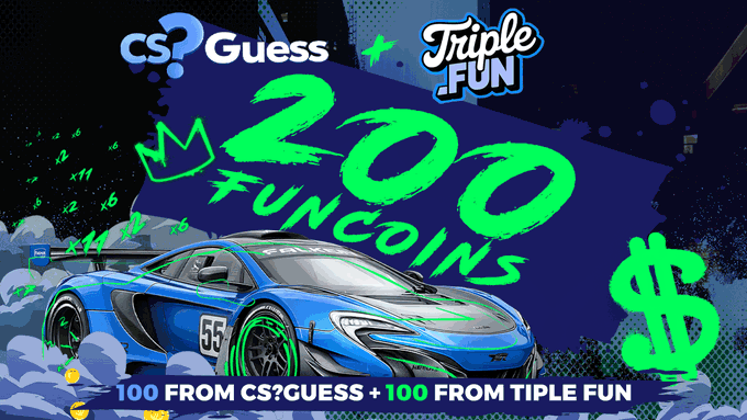 A promotional graphic for a CSGuess × TripleFun giveaway featuring a blue race car and announcing "200 FUNCOINS" with "100 FROM CS?GUESS + 100 FROM TRIPLE FUN" at the bottom, encouraging users to follow both accounts for a chance to win.