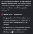 A "What You Cannot Do" informational graphic explaining that an Ethena wallet cannot be blacklisted as Ethereum wallets are layercryptographic assets lacking censorship mechanisms, with small partially visible text about deletion or erase.