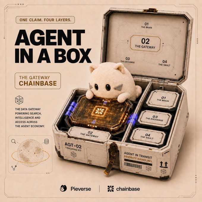 A promotional graphic for "Agent in a Box" by Pieverse and Chainbase, showing a metallic case containing a plush octopus mascot and four labeled compartments ("01 The Brain," "02 The Gateway," "03 The Exchange," "04 The Vault"), with branding for Chainbase as "the data gateway" and tagline "ONE CLAIM. FOUR LAYERS."

The image visualizes the post's metaphor of agents as products that need proper "packaging"—a tangible, organized kit containing the modular components (brain, gateway, exchange, vault) that give an agent its identity, connectivity, and operational infrastructure.