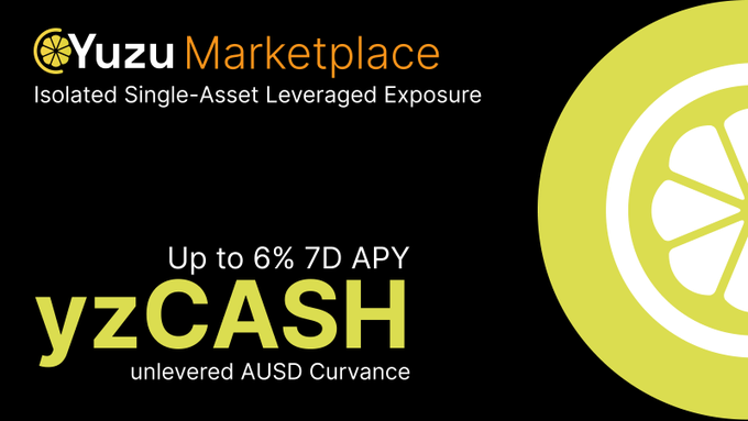 Promotional graphic for Yuzu Marketplace's yzCASH vault, highlighting "Up to 6% 7D APY" as an "unlevered AUSD Curvance" product with a "Isolated Single-Asset Leveraged Exposure" tagline, complementing the post's announcement of the new short-duration liquidity vault offering above-standard overnight yields.