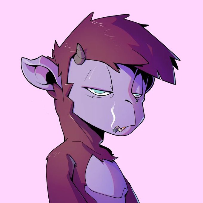 A digital illustration of a purple anthropomorphic character with horns, pointed ears, and a mischievous smirk, set against a solid pink background.