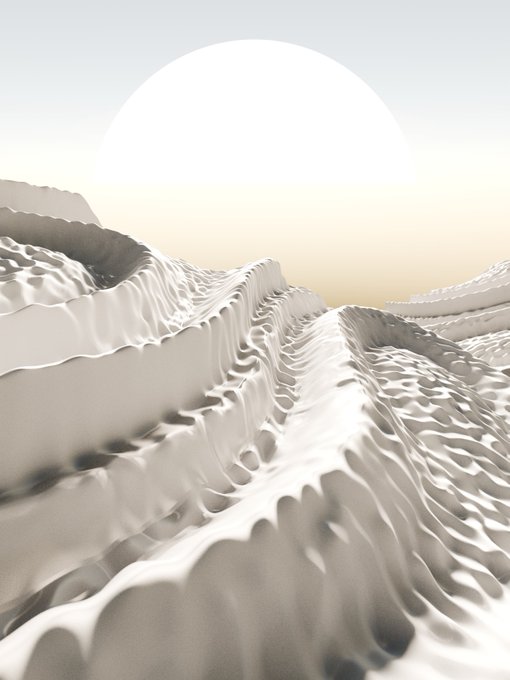 The image features an abstract art piece with a white background, depicting a mountain landscape with a large sun positioned in the top right corner of the frame. The artist has used various shades of white to create a sense of depth and texture throughout the artwork. The composition is balanced, with the sun dominating the scene from a distance while the mountains are depicted in varying sizes and positions, adding visual interest and dynamism to the piece.