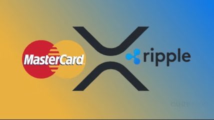 Graphic showing a MasterCard logo on the left and a Ripple logo on the right, connected by a large X symbol on a yellow-to-blue gradient background.