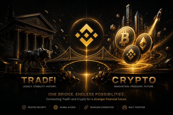 A promotional graphic comparing 'TRADFI' (Traditional Finance) with 'CRYPTO', showing a bridge connecting a classical building and bull statue to digital coins (Bitcoin, Binance, Ethereum) with the tagline 'ONE BRIDGE. ENDLESS POSSIBILITIES.'