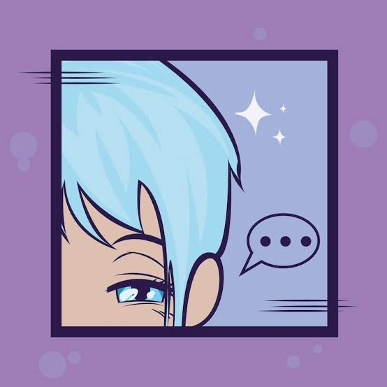 A cartoon character with light blue hair and sparkling eyes is shown in a framed square, accompanied by a speech bubble containing three dots, symbolizing a cheerful greeting or anticipation of conversation—perfectly complementing the "Gm and Happy new week" message.