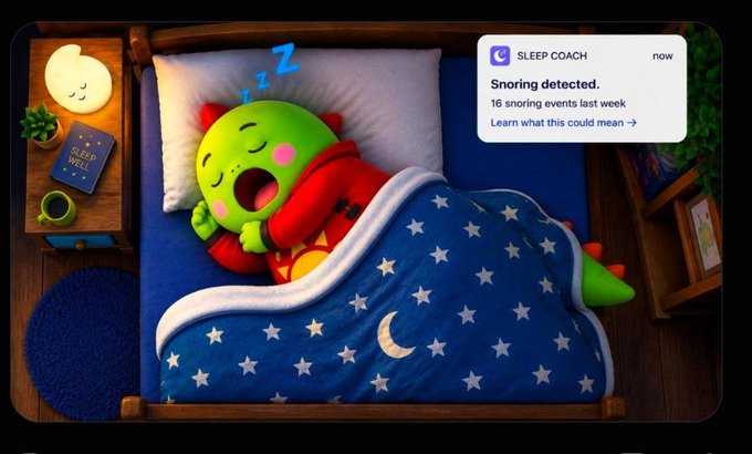 A 3D illustration shows a green dinosaur character sleeping in a bed with a star-patterned blanket, with a Sleep Coach app notification alerting 'Snoring detected. 16 snoring events last week.'