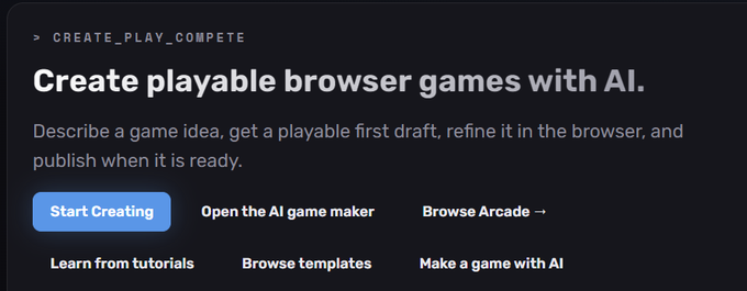 This image shows a section of the Gala Games website promoting "Create playable browser games with AI," featuring a headline and a blue "Start Creating" call-to-action button alongside additional options like opening the AI game maker, browsing the Arcade, tutorials, and templates, all aligned with the accompanying post about Gala PlayWorks.