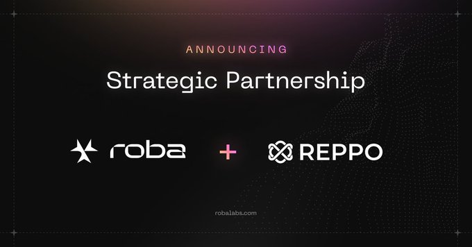 The image features a promotional banner for a partnership between Roba, Reppo, and another company. The banner displays the names of these companies along with the text "announcing strategic partnership" at the top. Below this, there are three logos representing Roba, Reppo, and the other company. These logos are positioned in a row, indicating that they belong to different companies within the partnership. The image also includes some text about the robotics industry, suggesting that these companies are collaborating on a project related to robotics or data licensing.