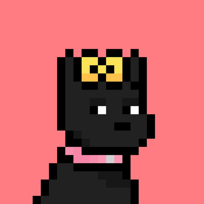 Pixel art image of a black cat with a yellow bow on its head, white eyes, and pink mouth on a coral pink background.