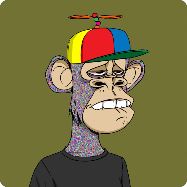 Bored Ape Yacht Club NFT illustration of a monkey wearing a colorful propeller beanie cap against an olive green background.