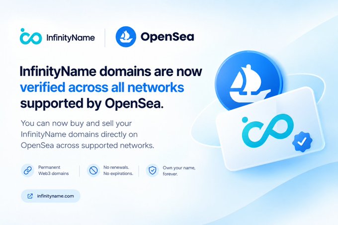 A promotional graphic announcing that "InfinityName domains are now verified across all networks supported by OpenSea," featuring both company logos and a blue infinity symbol.