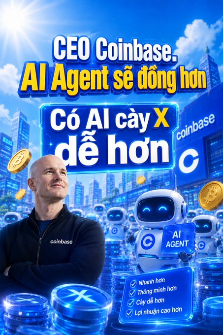 A promotional graphic featuring Coinbase CEO Brian Armstrong alongside a robot labeled 'AI AGENT', with Vietnamese text promoting AI Agents and listing benefits like being faster, smarter, and more profitable.