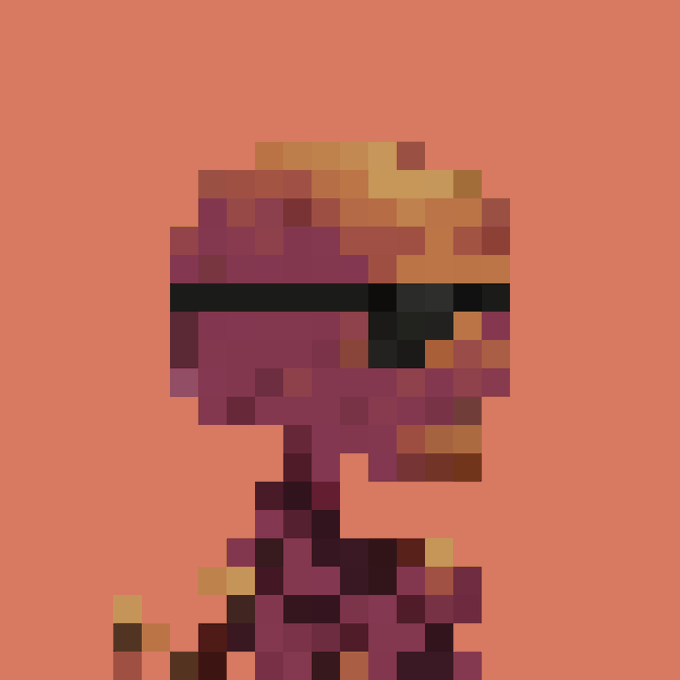 A pixel art illustration of a character or figure with a dark, abstract design in shades of red, purple, and black against a solid peach or orange background.
