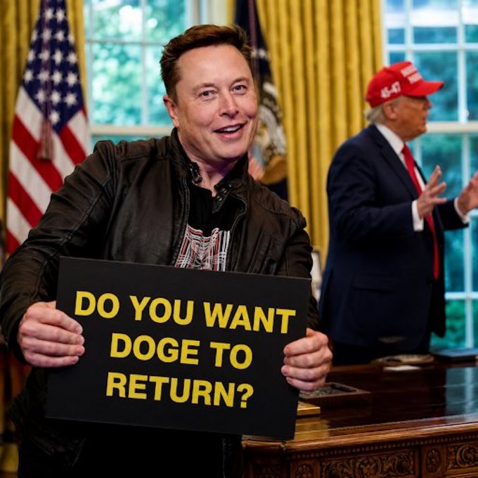 A photo showing Elon Musk holding a sign that reads 'DO YOU WANT DOGE TO RETURN?' with Donald Trump in a MAGA hat standing in the background near the American flag.