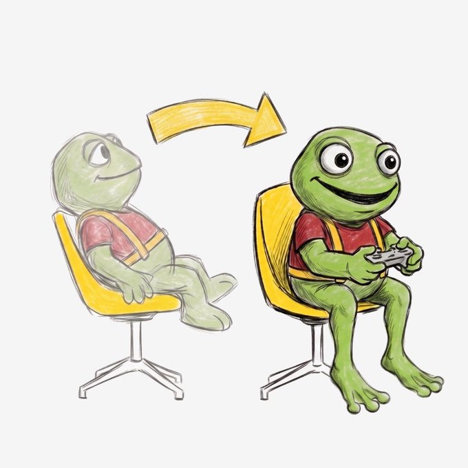 A cartoon illustration showing a green frog transitioning from sitting bored on a yellow chair to happily holding a game controller, with an arrow indicating the transformation.