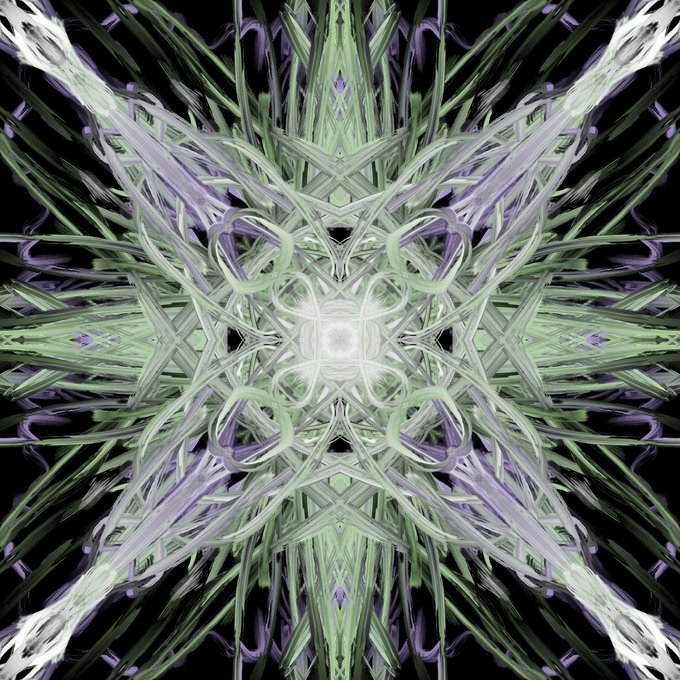 A symmetrical kaleidoscopic design with green, purple, and white feathery or tendril-like patterns radiating from a central star shape on a black background.