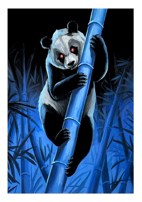 A stylized illustration of a panda with glowing red eyes clinging to a blue bamboo stalk in a dark bamboo forest setting.