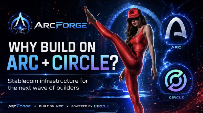 The image is a promotional graphic for "ArcForge," featuring a woman in a red outfit and cap in a martial arts kick pose, alongside the ArcForge logo and the Arc and Circle logos. The prominent text reads "WHY BUILD ON ARC + CIRCLE?" with the tagline "Stablecoin infrastructure for the next wave of builders," reinforcing the post's message about Arc and Circle partnering to provide essential stablecoin infrastructure for developers.