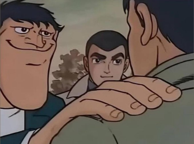 A vintage anime-style image shows a tense scene where a smirking, dark-haired man on the left confronts another character, with a stern-faced boy watching from the background. The aggressive body language and intense expressions capture a confrontational standoff that matches the caption's "Lock in bro" energy, suggesting someone is bracing or standing their ground in a moment of conflict.