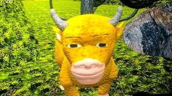 A 3D rendered image of a yellow, cartoon-like bull or cow creature with horns standing in a grassy field near a tree, with Chinese text "牛来" (meaning "bull comes") visible in the top left.