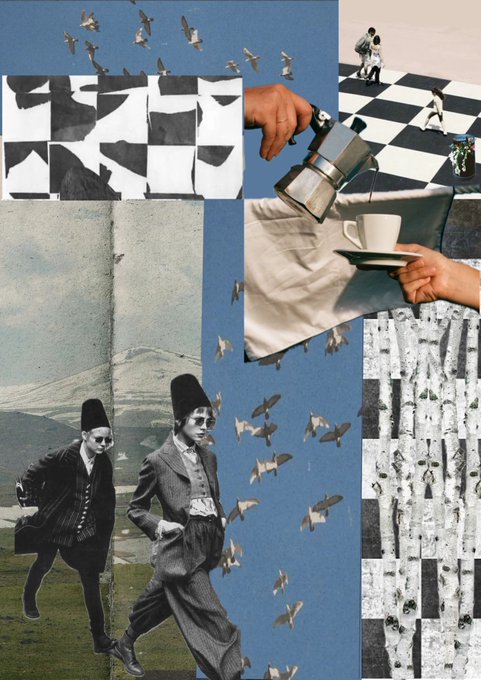 A surreal collage features flying birds, two men in suits and fezzes, hands pouring coffee, and a checkered floor in blue and black tones.