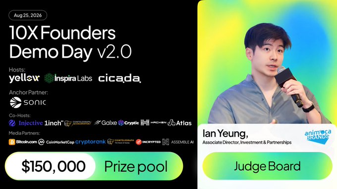 A promotional graphic for "10X Founders Demo Day v2.0" on August 25, 2026, featuring Ian Yeung from Animoca Brands as a Judge Board member, with a $150,000 prize pool and host logos including Yellw, Inspira Labs, Cicada, and Sonic.