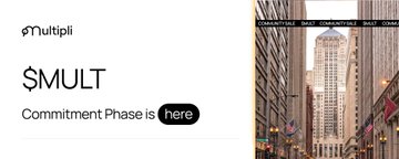 The image shows a promotional graphic featuring the Multipli logo, "SMULT" token ticker, and "Commitment Phase is here" text alongside a photo of a city skyscraper (appearing to be the Empire State Building) between tall buildings. The graphic relates to the post by advertising the token's presale commitment phase, offering either a 17% claim on TGE with 3-year vesting, or presale participation using orbs/crystals at $0.01 per token.