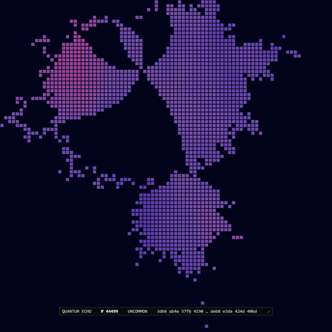 A pixelated world map in purple and pink hues with a command-line style footer displaying 'QUANTUM ECHO # 44499 UNCOMMON 3d6c ab4e 57fb 4190 ... deb8 e3de 42d4 40bd'.