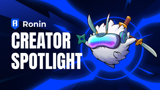 The image is a "Ronin Creator Spotlight" graphic featuring a white, fluffy cartoon mascot wearing glowing blue/purple VR goggles, a sword strapped to its back, and floating against a dark blue background. The "Ronin" logo appears in the top left, and the featured creator tweet by @Tita_KIND discusses gameplay connections between Homeland and Terrariums, explaining mechanics like hourly Ticks, Lunium, and Atia's Legacy.