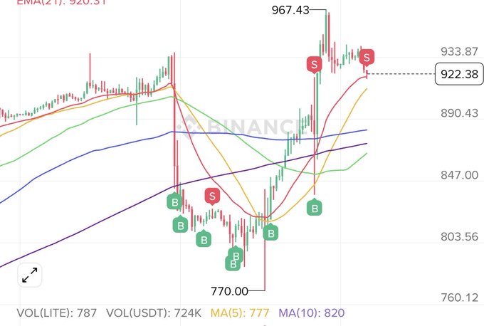 The image shows a Binance trading chart with buy (B) and sell (S) signals, featuring an EMA(21) at 920.51, with prices ranging from a low of 770.00 to a high of 967.43, and volumes of 787 (LITE) and 724K (USDT). The chart illustrates the trader's described strategy of entering long positions near the 800 range and exiting at higher levels around 920-933, with the visible "S" (sell) markers near the top aligning with their exit point at 933.87 to manage position size and risk.