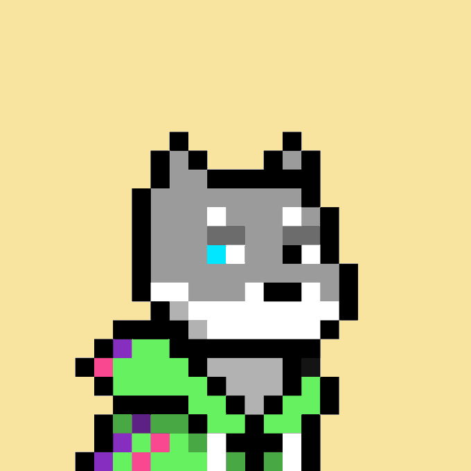 A pixel art illustration shows a gray cat with tears in its eyes wearing a green and purple outfit, set against a solid yellow background.
