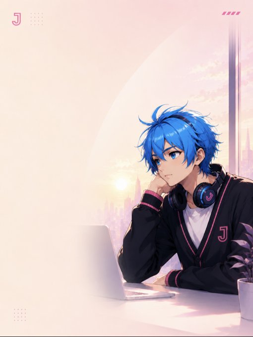 An anime-style illustration of a blue-haired young man wearing headphones and a black jacket with pink trim and a 'J' monogram, resting his chin on his hand next to a laptop, with a pastel sunset cityscape visible through a window behind him.
