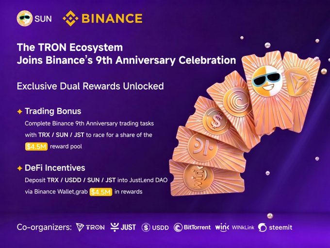 A purple promotional banner announcing 'The TRON Ecosystem Joins Binance's 9th Anniversary Celebration' with $4.5M Trading Bonus and $4.5M DeFi Incentives via JustLend DAO, co-organized by TRON, JUST, USDD, BitTorrent, WINk, and Steemit.