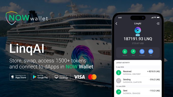 A promotional image for 'LinqAI' showing a smartphone displaying the NOW Wallet app with a balance of 187191.93 LNQ, set against a background of a cruise ship on the ocean.