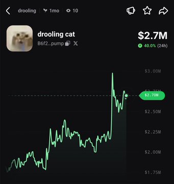 A screenshot of a crypto tracking app shows the "drooling cat" token ($drooling) priced at $2.70M, up 40% over 24 hours, supporting the post's claim of a 40% rally in the past 6 hours with an upward-trending price chart.