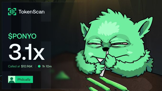 The image features a cartoon green monster with big eyes, sitting at a table holding a pipe. The background of the image is dark, making the monster stand out even more. Below the monster's head, there is text that reads "Took 3x profit from my call on $PONYO played out as I expected #Solana". This suggests that someone made money by investing in PONYO and profited from it.