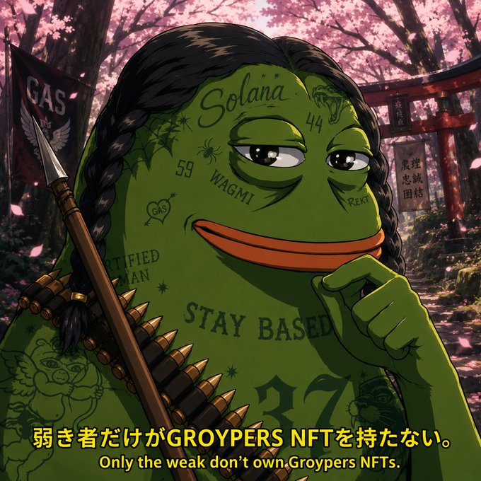 An anime-style Pepe frog with braided hair and tattoos like 'Solana' and 'STAY BASED' stands in a cherry blossom setting, with subtitles reading 'Only the weak don't own Groypers NFTs.'