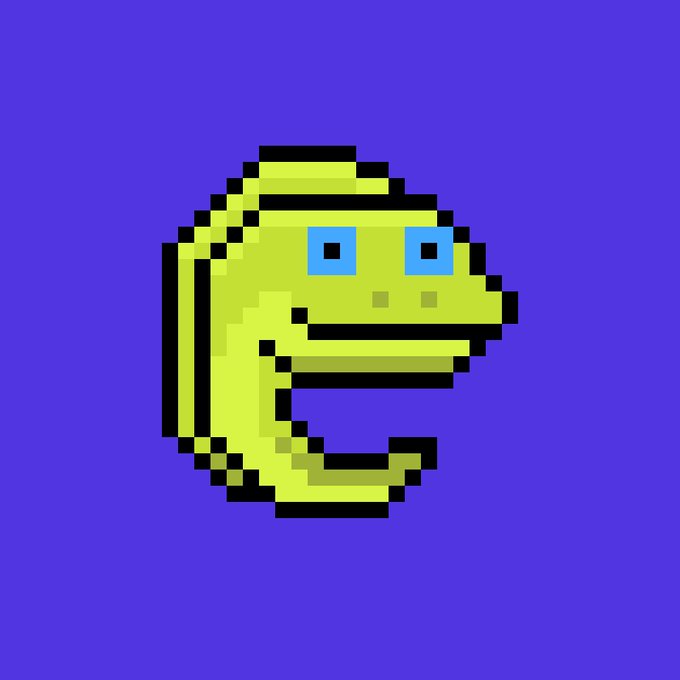 A pixel art image of a green character or creature with blue eyes on a solid blue-purple background.