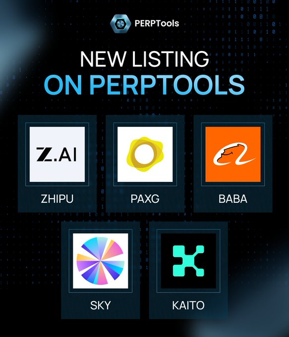 PerpTools announces new perpetual contract listings, featuring ZHIPU (Z.AI), PAXG, BABA, SKY, and KAITO, available for trading with up to 10× leverage, matching the accompanying post highlighting the latest markets on the platform.