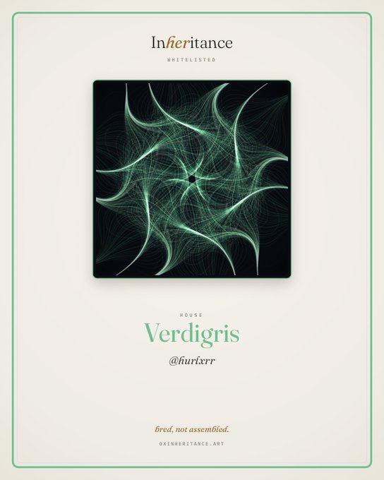 A promotional graphic for 'Inheritance' showcasing an NFT titled 'Verdigris' by @flurferr. Text includes 'WHITELISTED', 'HOUSE', and 'bred, not assembled.' along with '0XINHERITANCE.ART'.