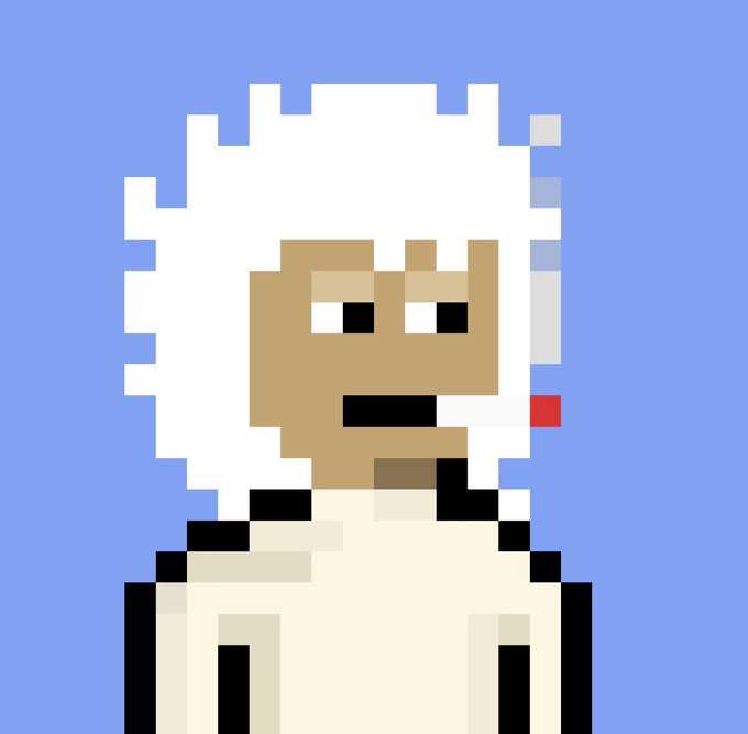 A pixel art illustration depicting a person with curly white hair wearing a cream-colored sweater against a light blue background.