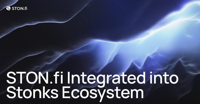 A dark digital banner with blue wave patterns displays the STON.fi logo and text announcing 'STON.fi Integrated into Stonks Ecosystem'.