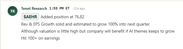A Slack message from "Tenet Research" (1:53 PM ET) shows $AEHR added at 76.82, with notes on solid Rev & EPS Growth expected to grow 100% next quarter and potential AI theme benefits, projecting a 100+ earnings hit—aligning with the accompanying post highlighting $AEHR as a top conviction play alongside $MXL.