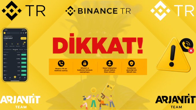 This image is a warning graphic about Binance TR scams, prominently featuring the word "DİKKAT!" (Attention!) and icons advising against sharing platform information, not responding to suspicious calls, blocking suspicious numbers, and contacting authorities if scammed, alongside the Arjanit Team branding.