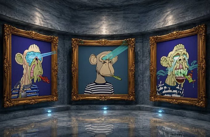 The image features three paintings of cartoon monkeys, each with a unique style and color scheme. The first monkey has blue eyes and a red nose, while the second one has green eyes and a red nose. The third one has brown eyes and a black nose. These paintings are displayed in a room with marble floors and walls, creating an artistic atmosphere for the viewers to appreciate the artistry of these cartoon characters.
